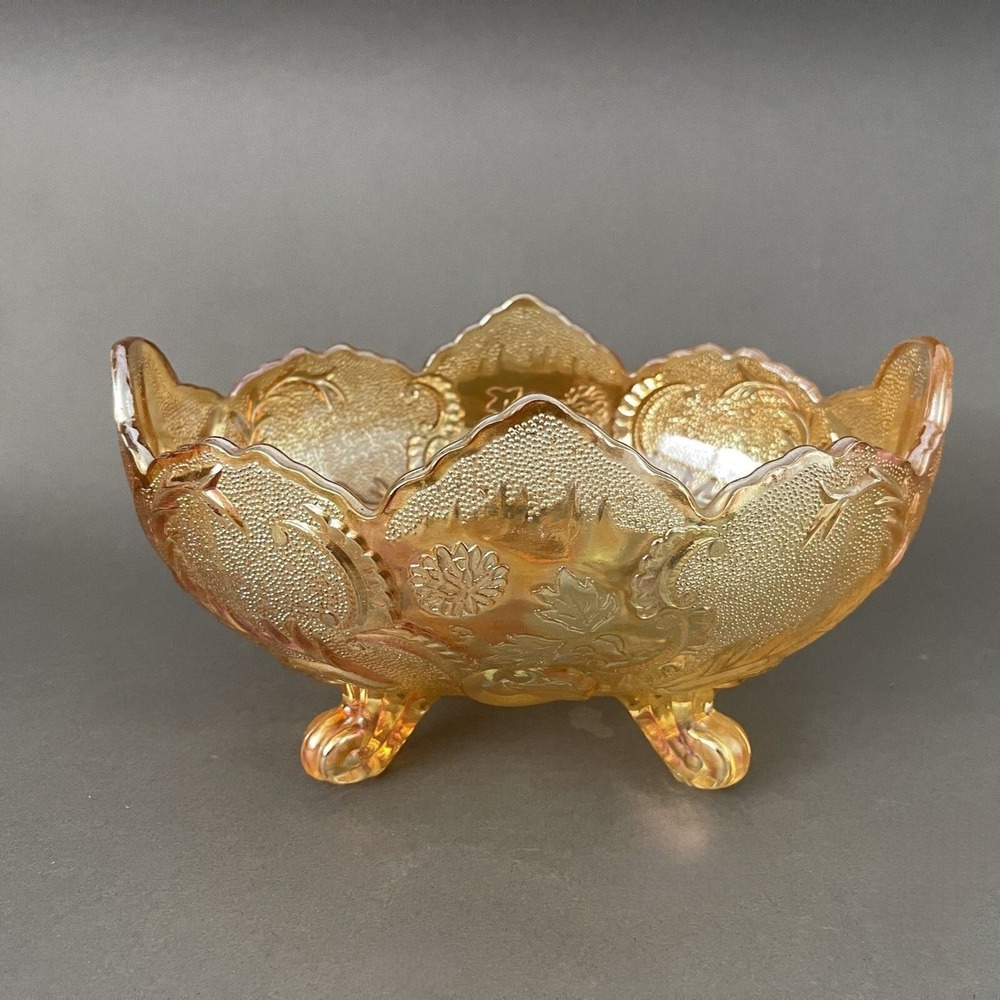 Vintage Jeannette Carnival Glass Fruit Bowl Marigold Footed Oval 10" x‎ 5 1/8"